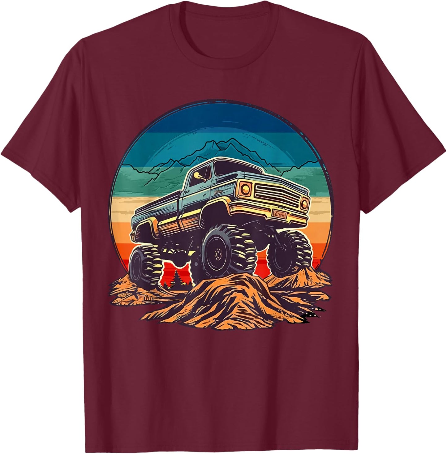 Retro Vintage Monster Truck Retro Sunset Monster Truck Boys T-Shirt - T-Shirt | Maroon