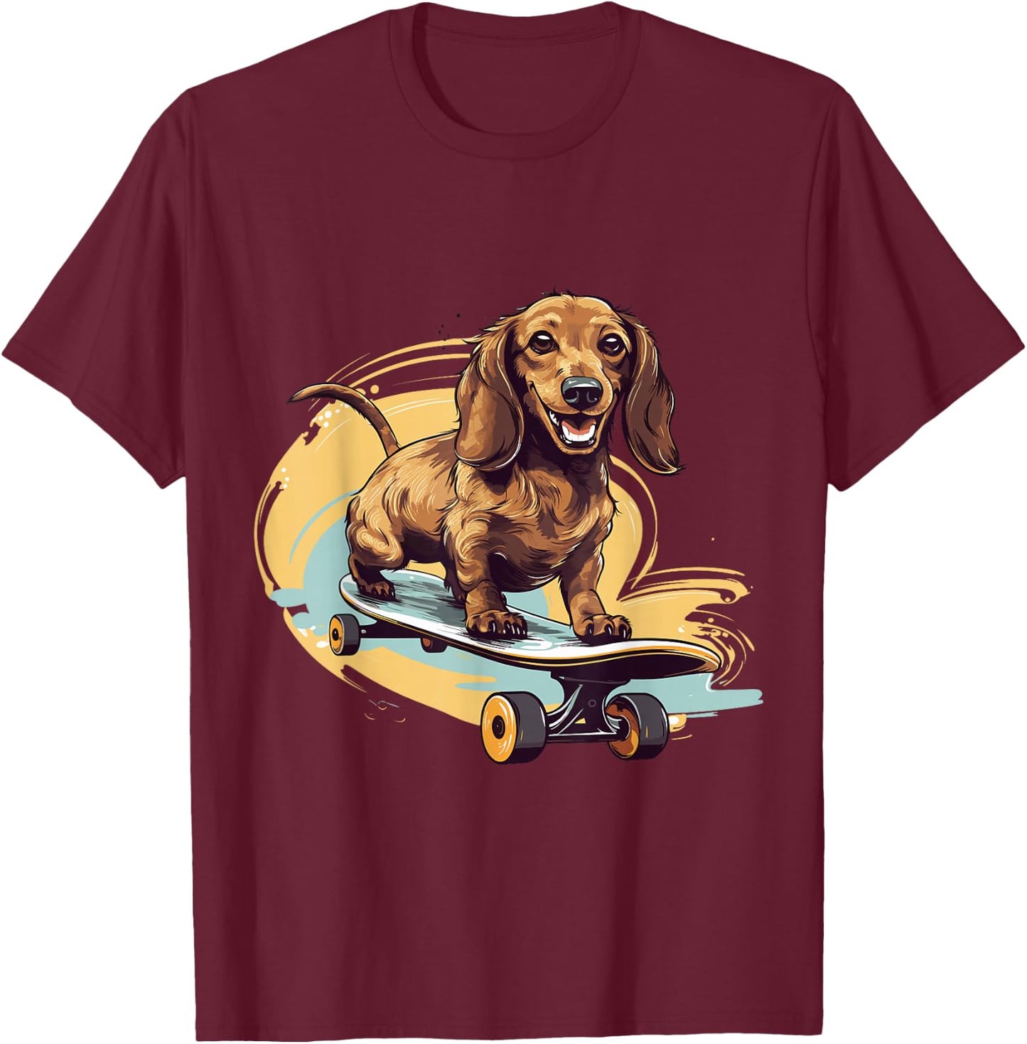 Dachshund wiener sausage dog Cute Graphic with a Skateboard T-Shirt - T-Shirt | Maroon