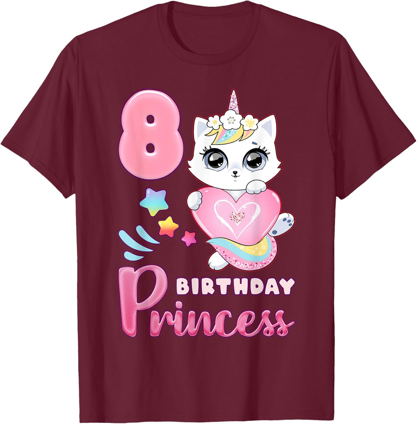 Girl, 8th birthday, unicorn cat, number 8 T-Shirt - T-Shirt | Maroon