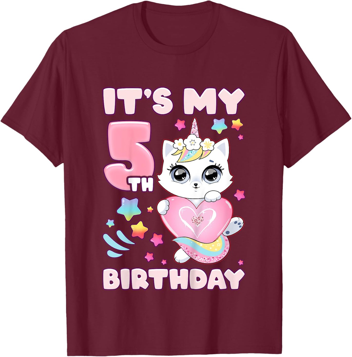 Birthday girl 5 years old, cat, unicorn, 5th birthday T-Shirt - T-Shirt | Maroon
