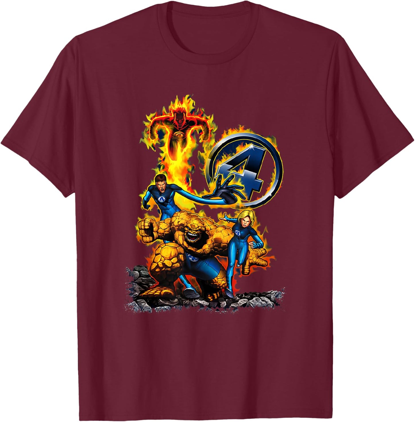 Marvel Fantastic Four Group Shot Battle Classic Portrait T-Shirt - T-Shirt | Maroon