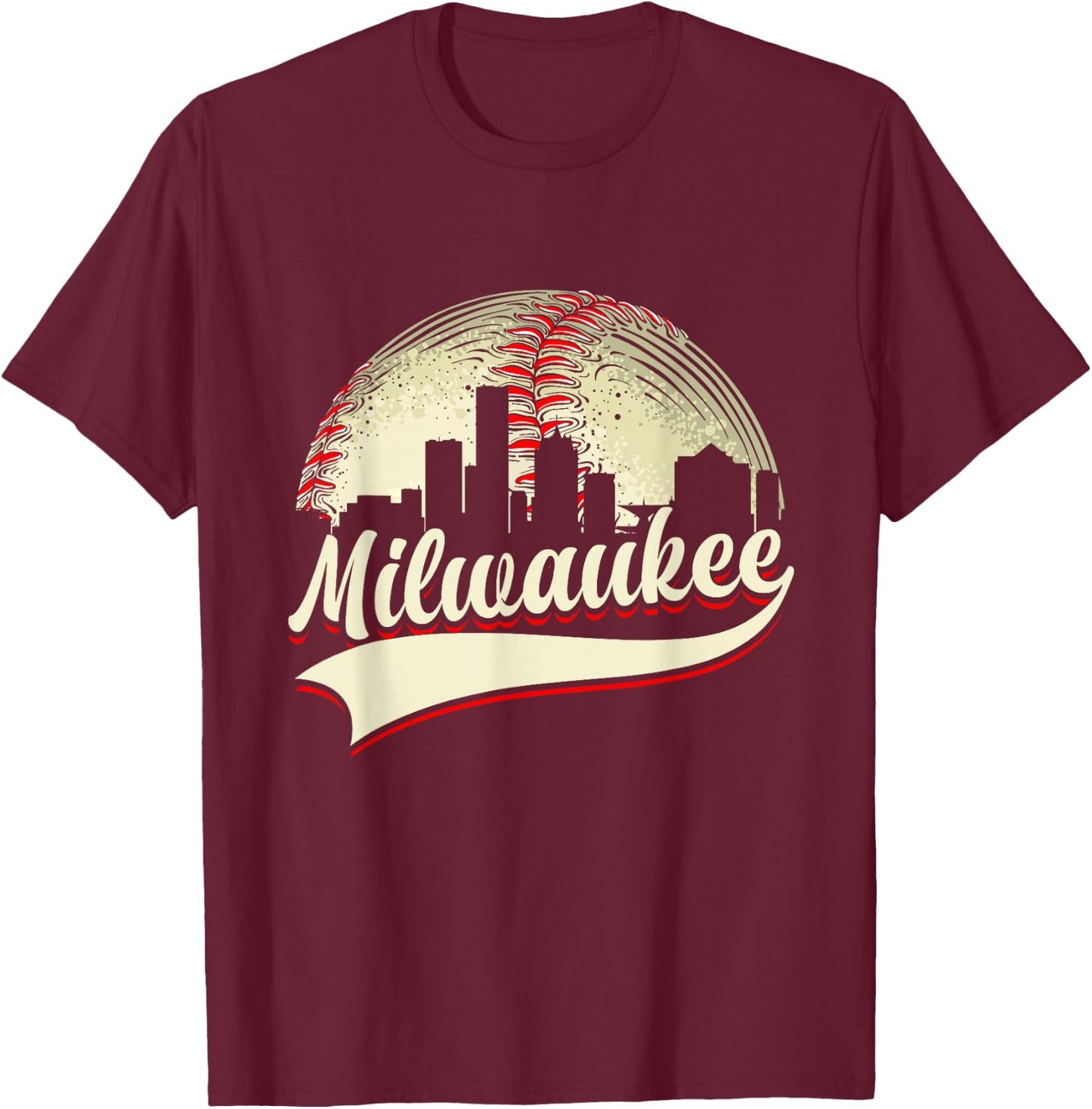 Milwaukee Cityscape Graphic Baseball Lover Player and Fans T-Shirt - T-Shirt | Maroon