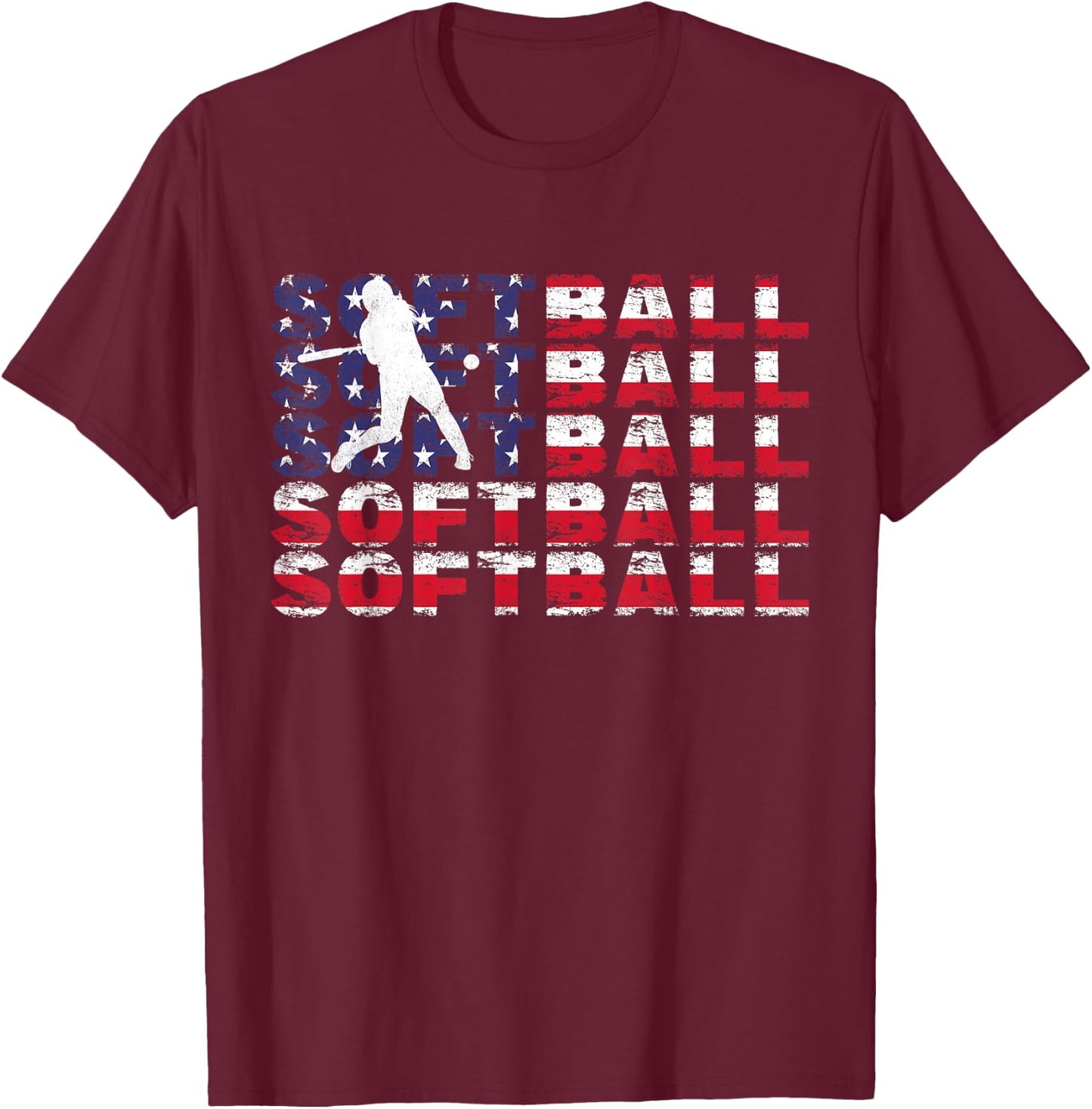 4th of July Softball American Flag Vintage Patriotic T-Shirt - T-Shirt | Maroon