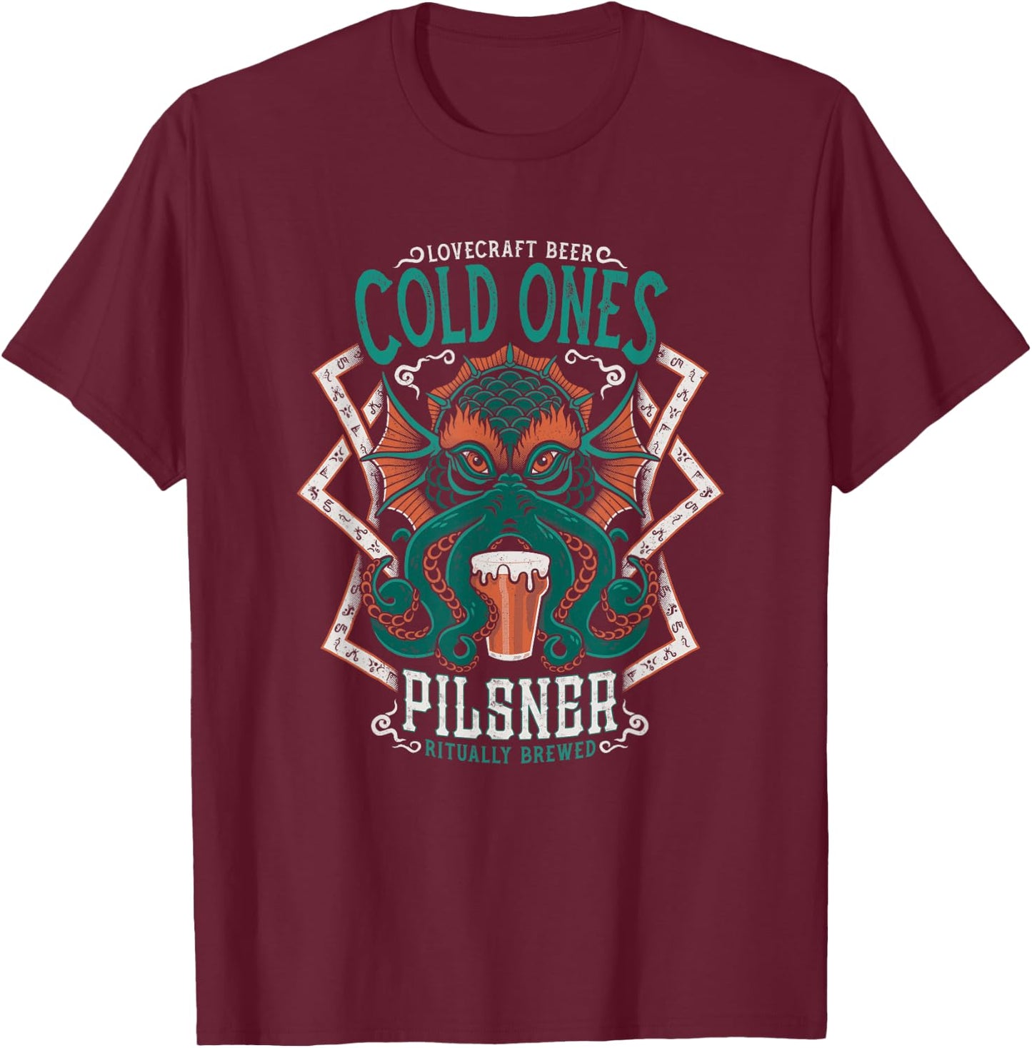 Lovecraft Beer Label - Cthulhu Tattoo - Vintage Distressed T-Shirt - T-Shirt | Maroon