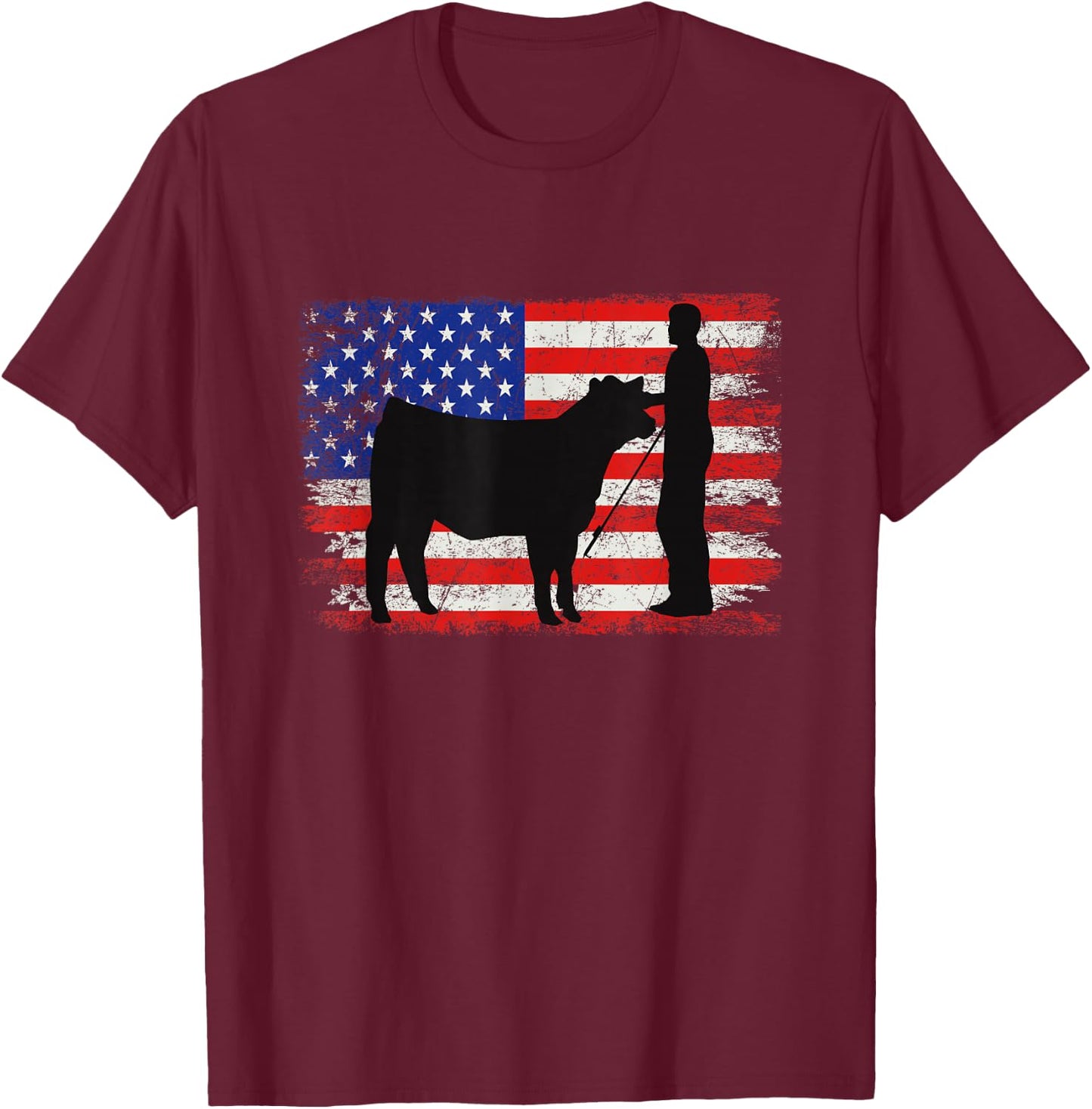 Cattle American Patriotic USA Flag - Fun Cattle Show T-Shirt - T-Shirt | Maroon