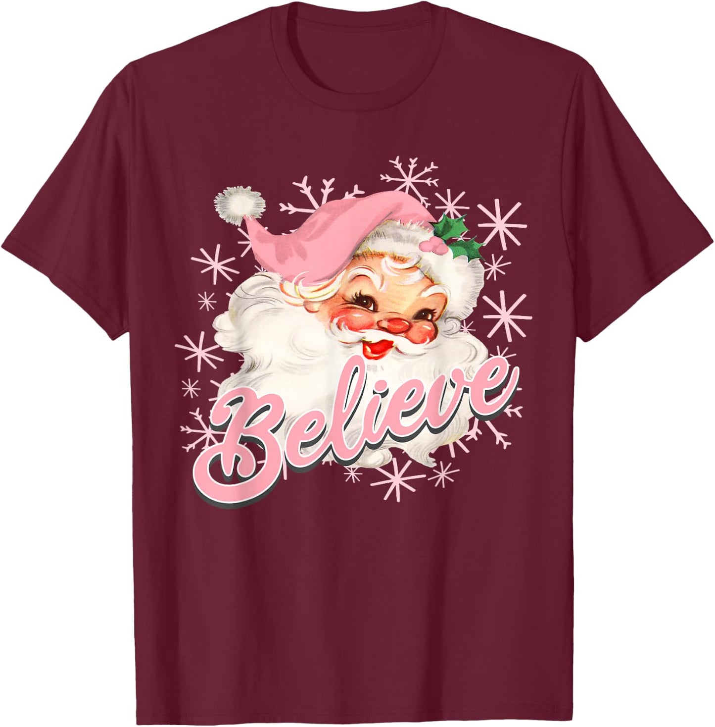 Vintage Pink Santa Claus Believe Christmas Holiday Kids T-Shirt - T-Shirt | Maroon