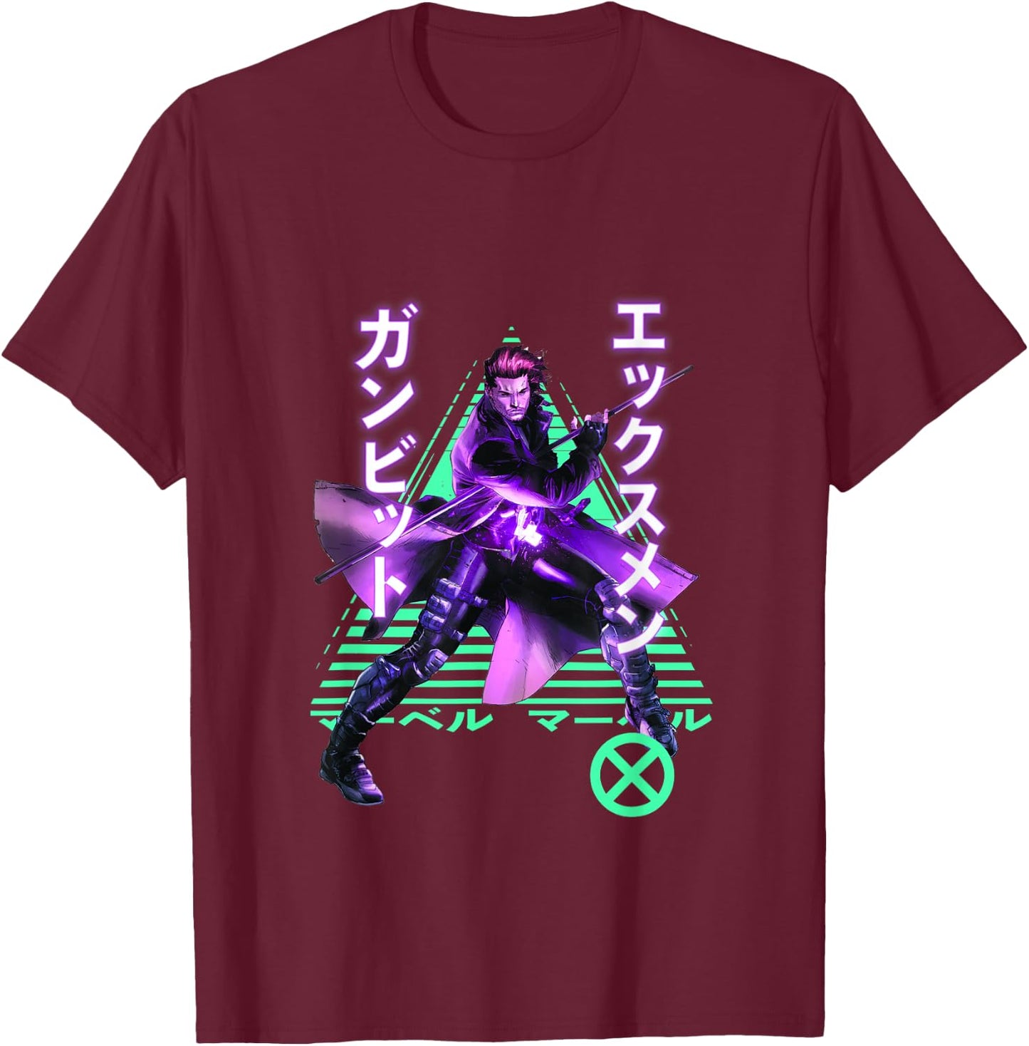 Marvel X-Men Anime Style Gambit Neon Kanji Portrait T-Shirt - T-Shirt | Maroon