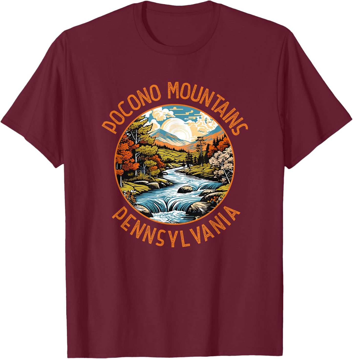 Pocono Mountains Pennsylvania Sunset Retro Distressed Circle T-Shirt - T-Shirt | Maroon