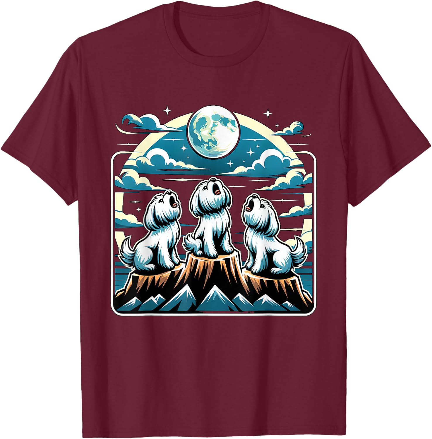 Howling At Moon Maltese Dog T-Shirt - T-Shirt | Maroon
