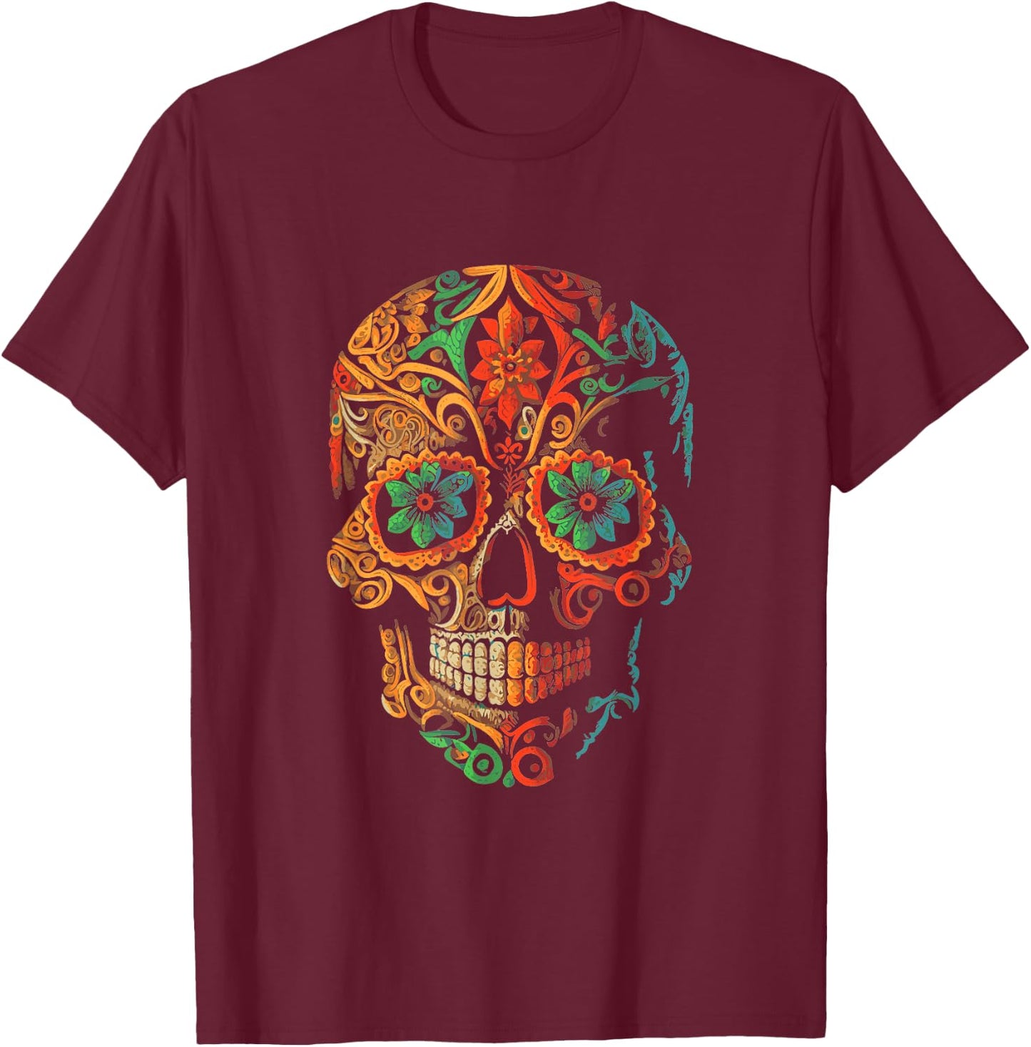 Sugar Skull Beautiful Artistic T-Shirt - T-Shirt | Maroon