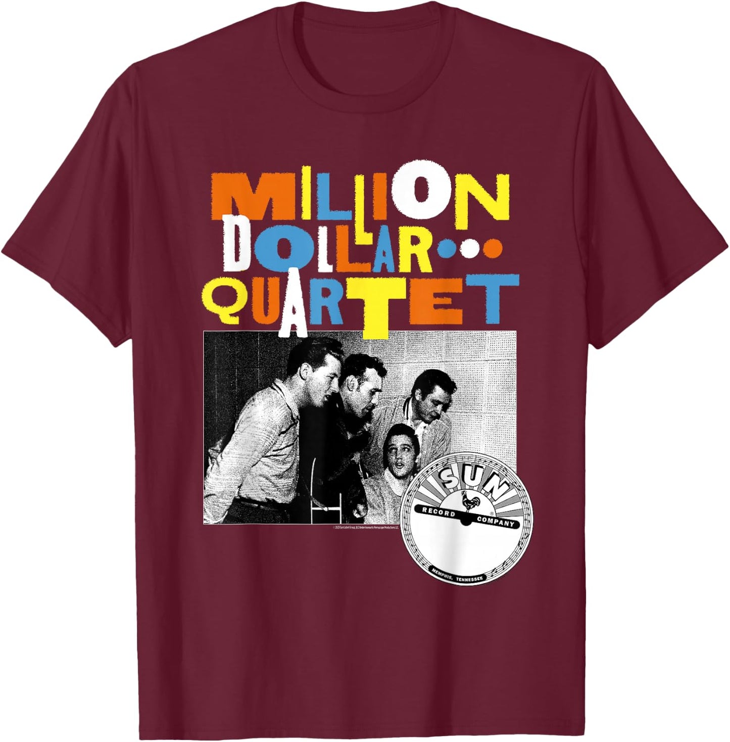 Million Dollar Quartet Multicolor Logo Black and White Photo T-Shirt - T-Shirt | Maroon