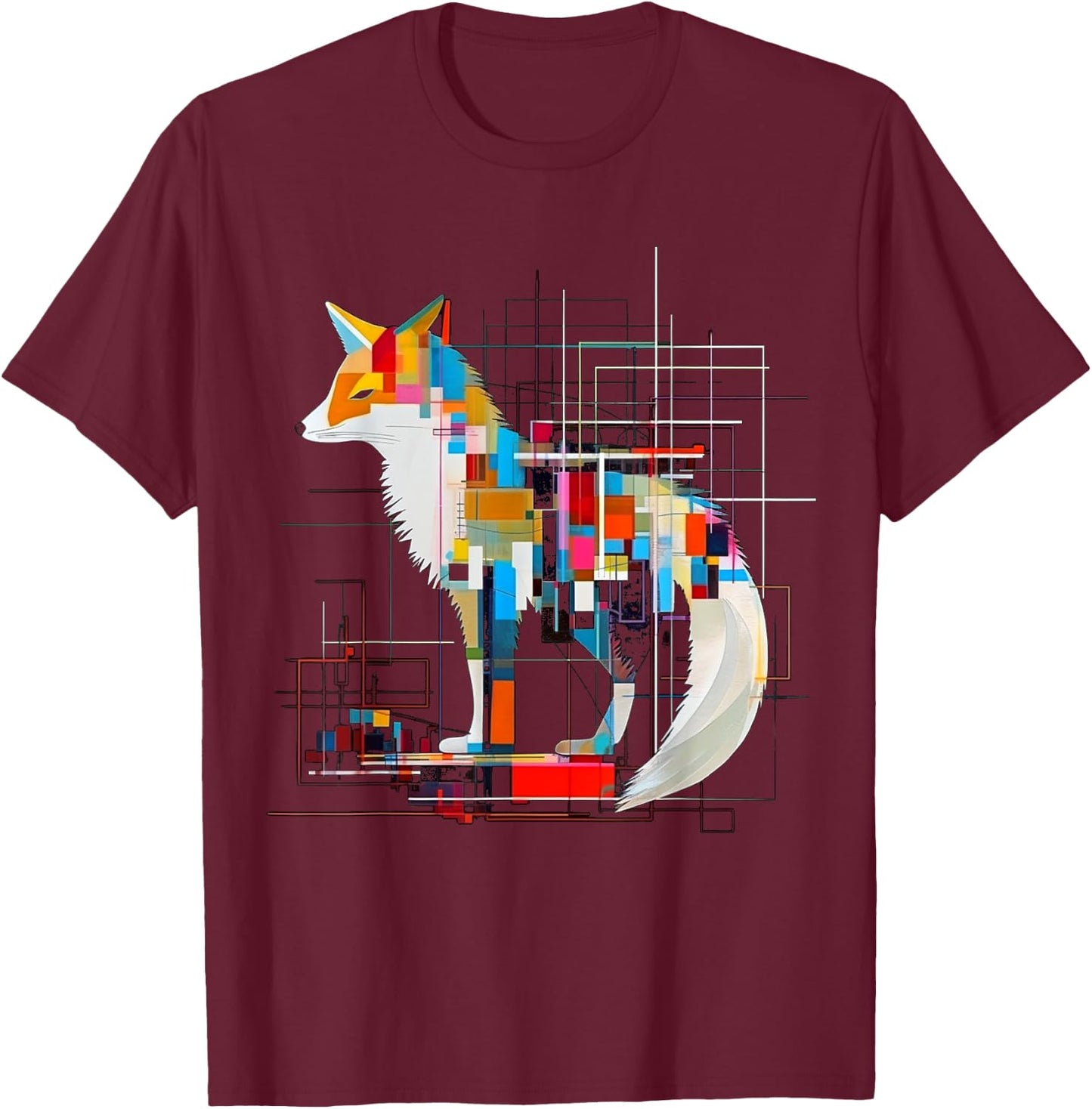 Fox Geometric Artwork Colorful | Animal Motif Fox T-Shirt - T-Shirt | Maroon