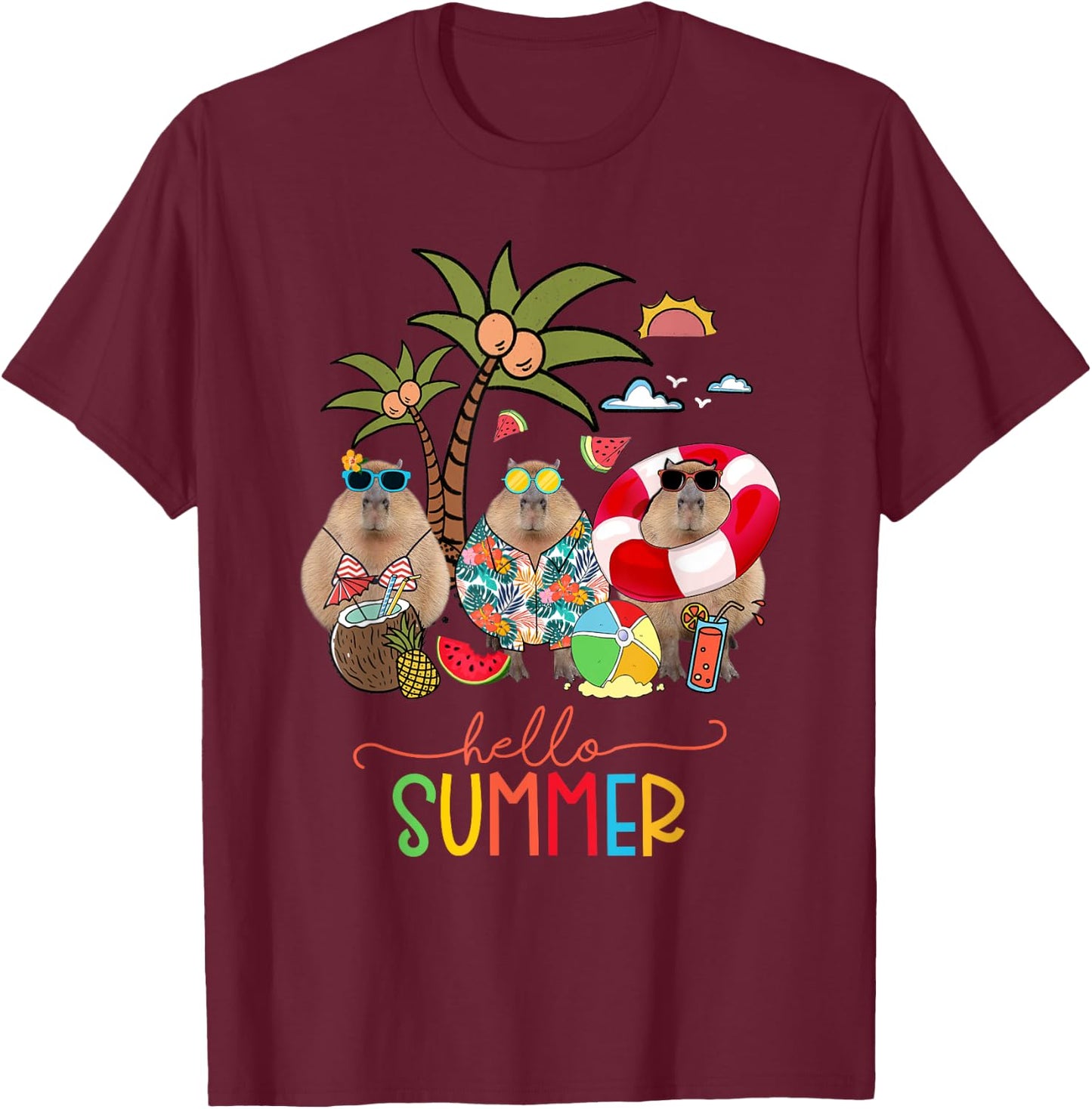 Capybara Shirt Hello Summer Last Day Of School Women Kids T-Shirt - T-Shirt | Maroon