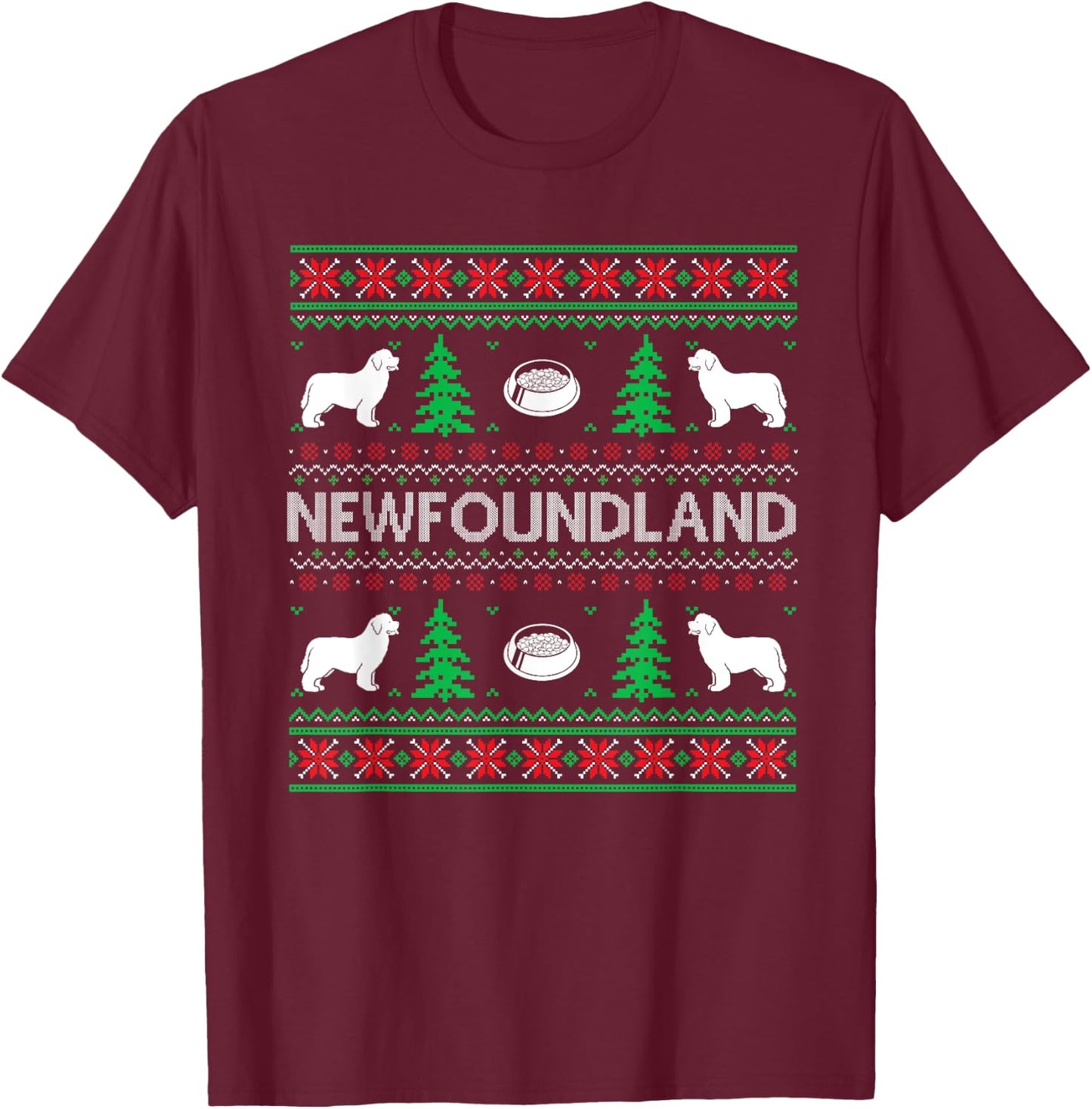 Ugly Christmas Sweaters Matching Newfoundland Dog Holiday T-Shirt - T-Shirt | Maroon