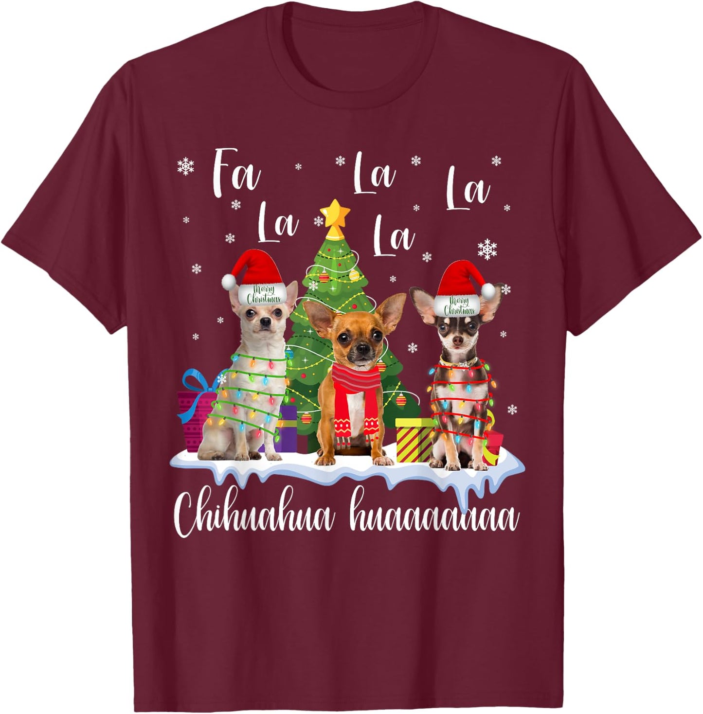 Chihuahua Dog Xmas Fa La La La Funny Ugly Christmas Sweater T-Shirt - T-Shirt | Maroon