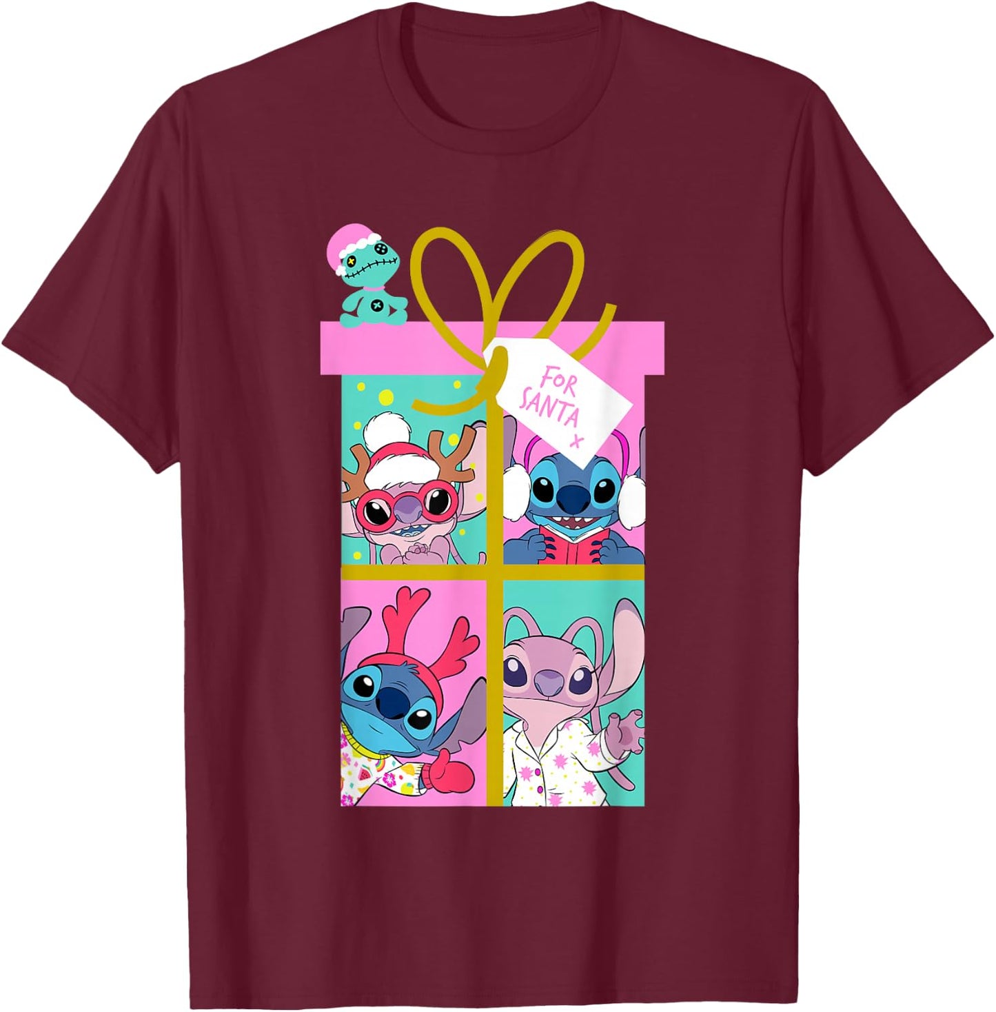Disney Lilo & Stitch Christmas Angel & Stitch Gift Santa T-Shirt - T-Shirt | Maroon