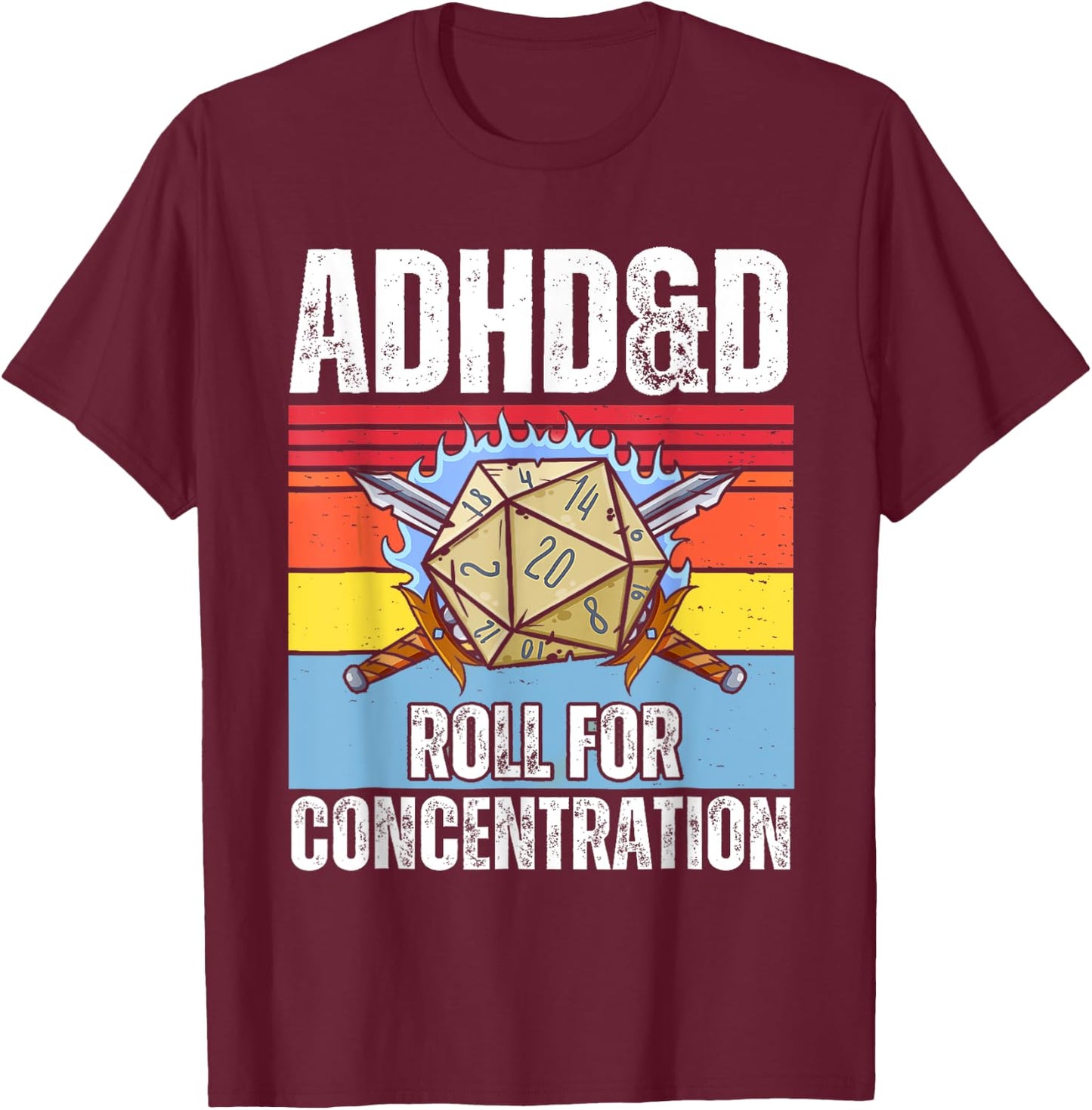 Retro Vintage ADHD&D Roll For Concentration Funny Gamer T-Shirt - T-Shirt | Maroon