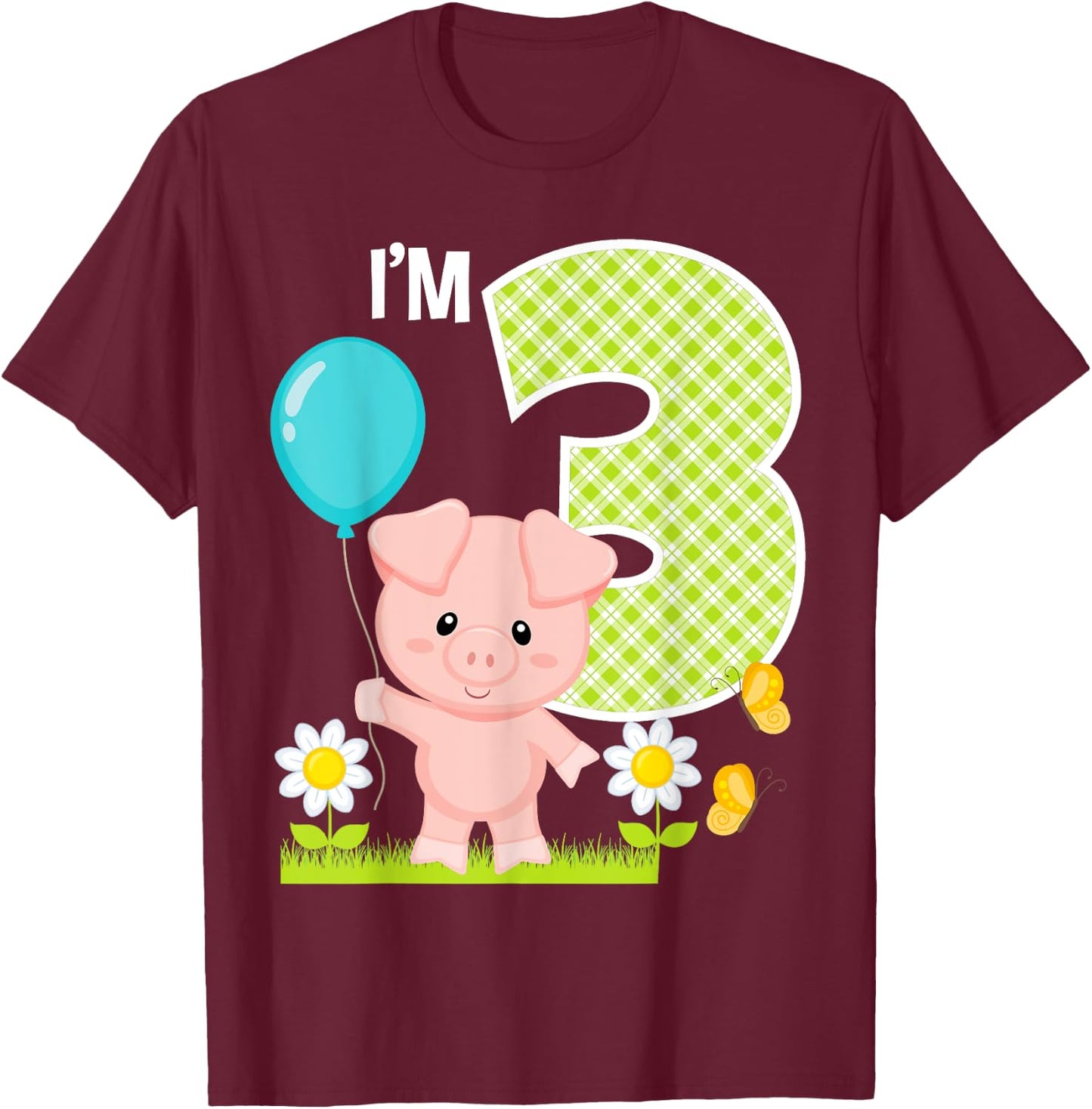 Pig 3rd Birthday Toddler 3 Year Old Birthday Boy Piglet Bday T-Shirt - T-Shirt | Maroon
