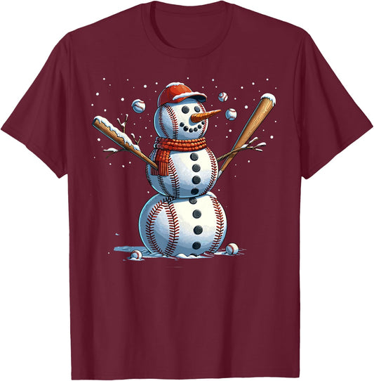Snowman Baseball Christmas Winter T-Shirt - T-Shirt | Maroon