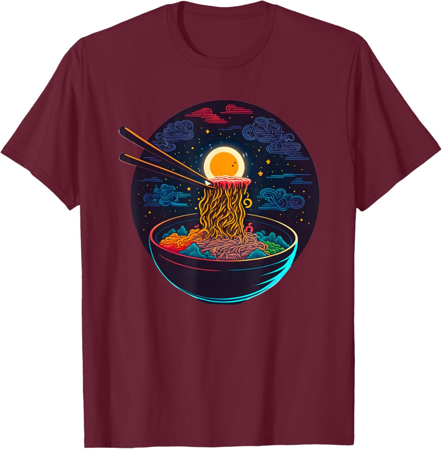 Japanese Moon Ramen Graphic Neon Retro Anime Noodles Art T-Shirt - T-Shirt | Maroon