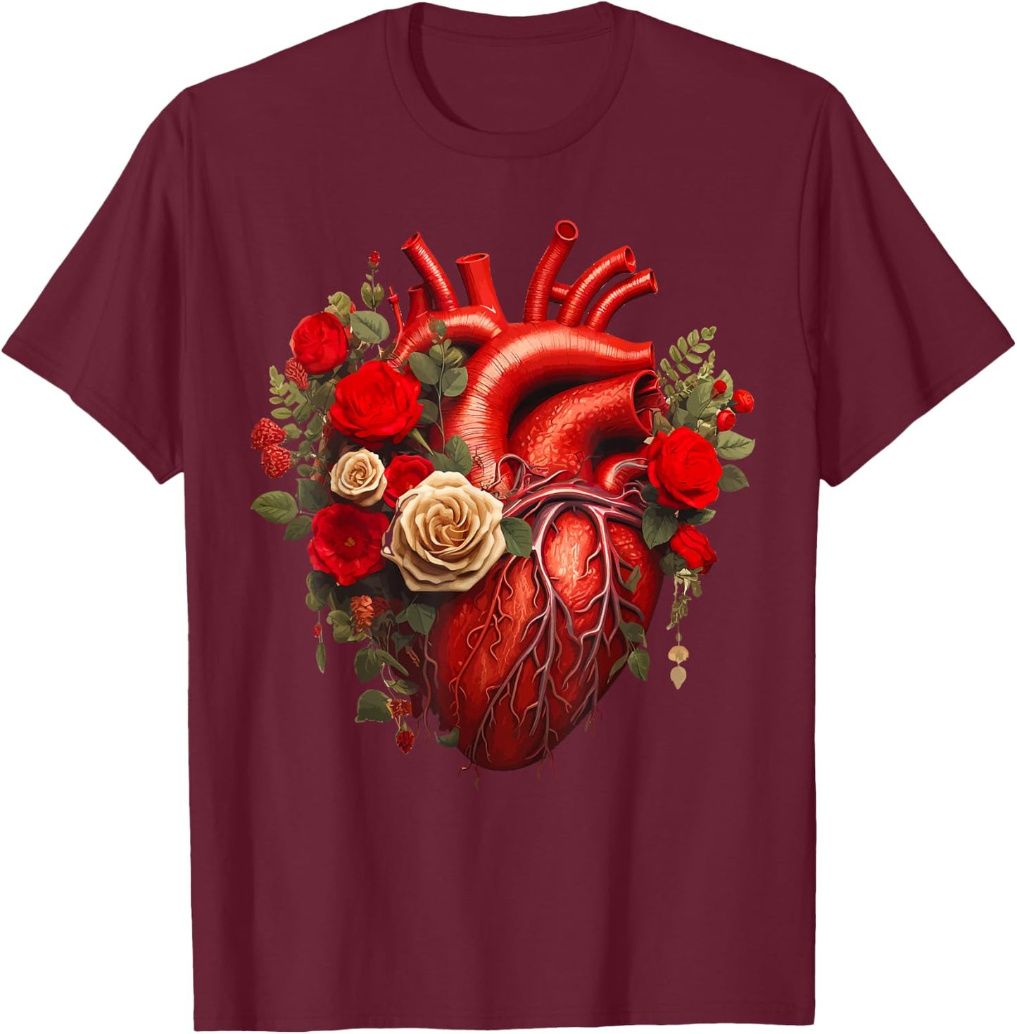 Cardiology Medical Cardiac Nurse Floral Anatomical Heart T-Shirt - T-Shirt | Maroon