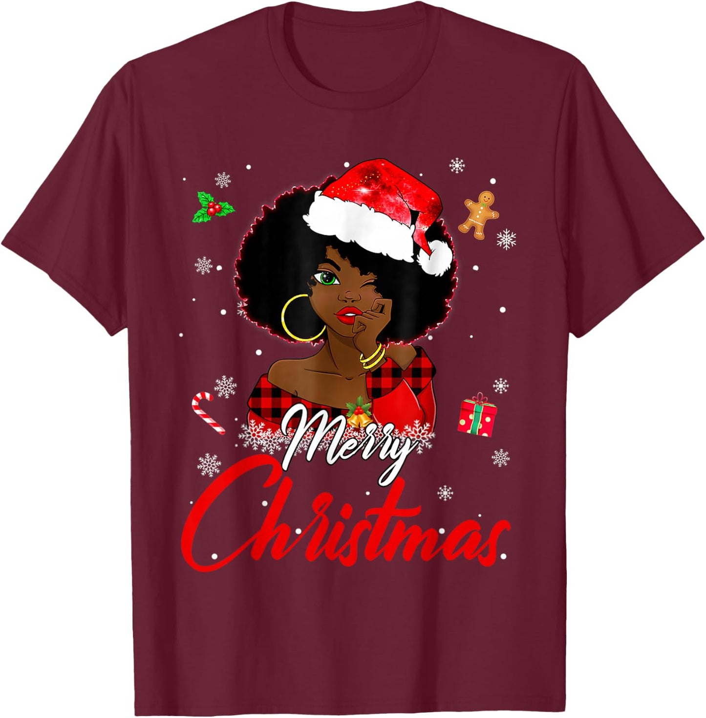 Black African Girl American Melanin Christmas Santa Hat Xmas T-Shirt - T-Shirt | Maroon