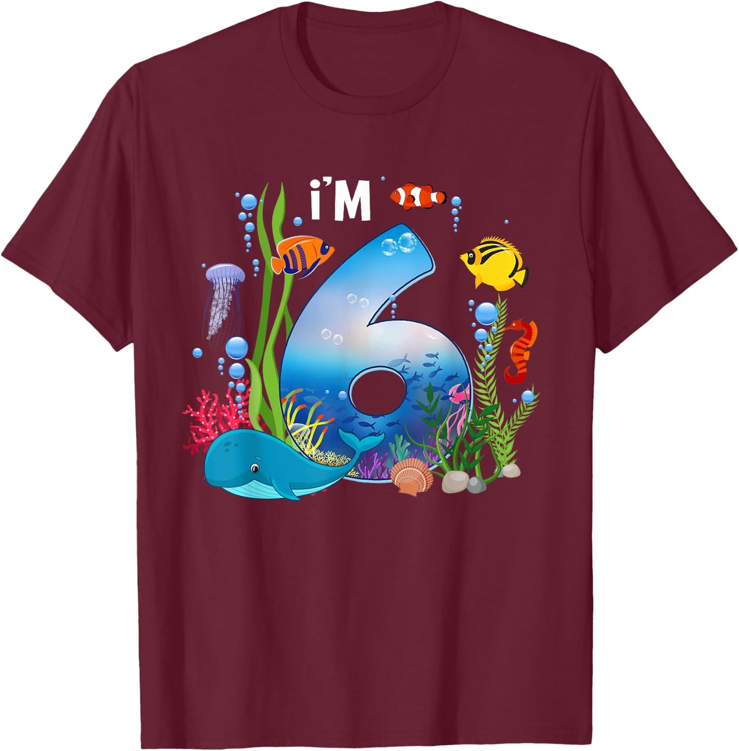 Kids 6 Year Old Ocean Life Whale Dolphin Shark 6th Birthday T-Shirt - T-Shirt | Maroon