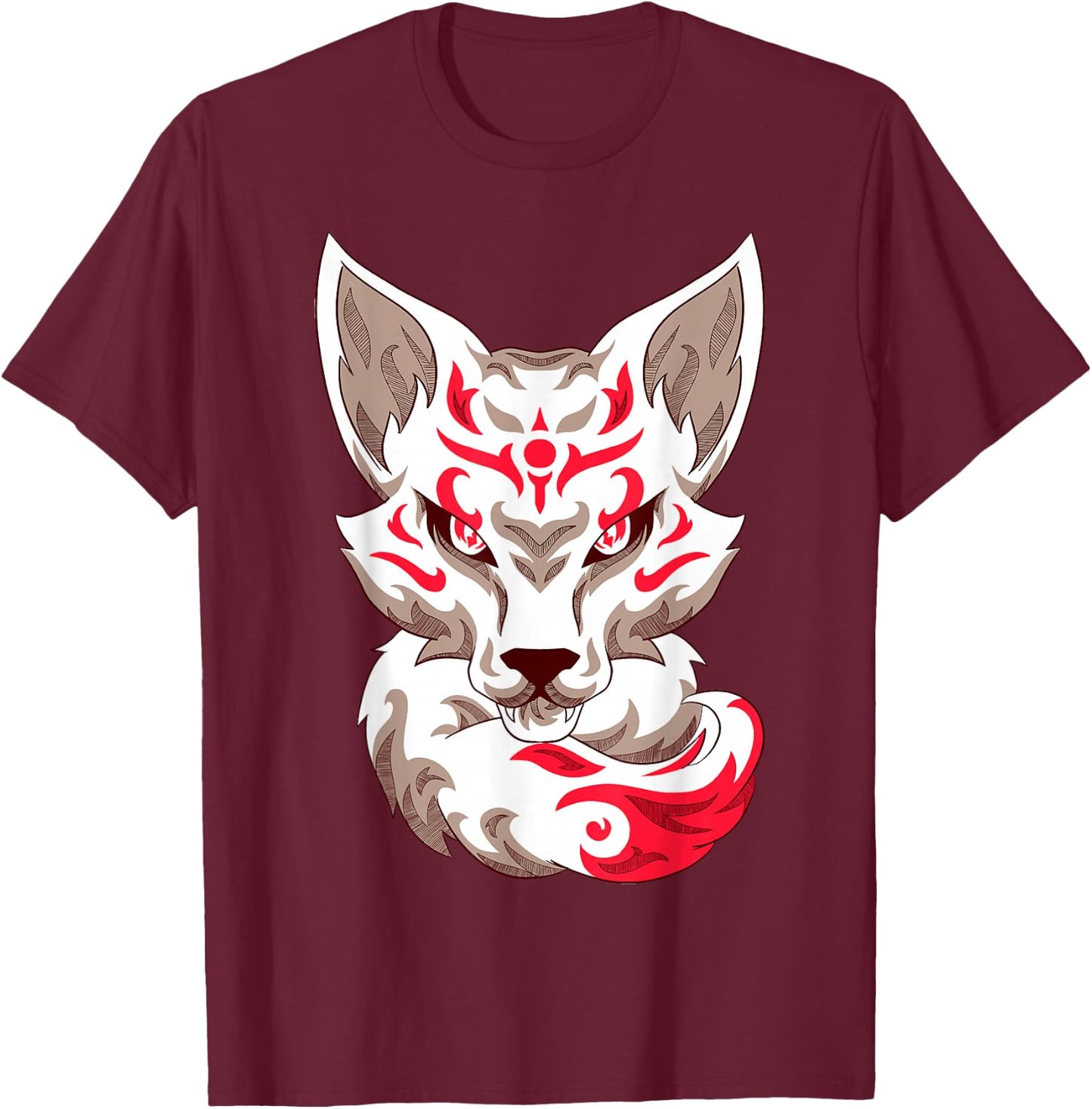 Kitsune Mask Nine-Tailed Fox T-Shirt - T-Shirt | Maroon
