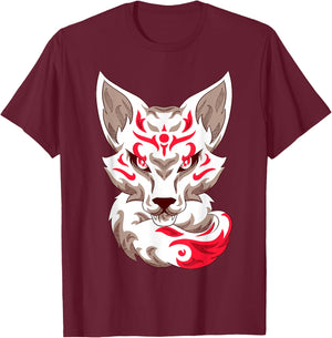 Kitsune Mask Nine-Tailed Fox T-Shirt - T-Shirt | Maroon