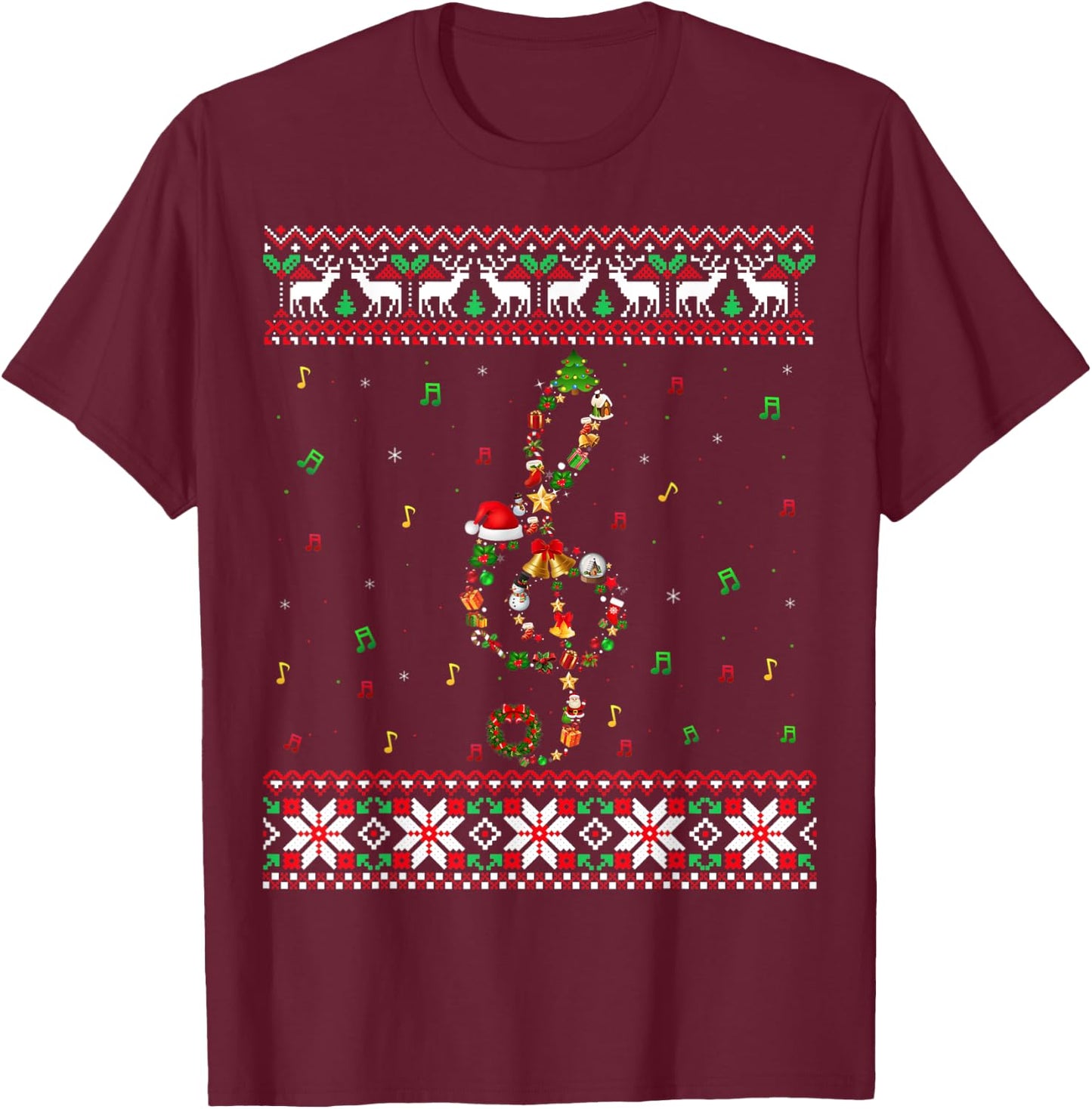 Music Note Christmas Ugly Sweater Musical Teacher Sing Women Kids T-Shirt - T-Shirt | Maroon
