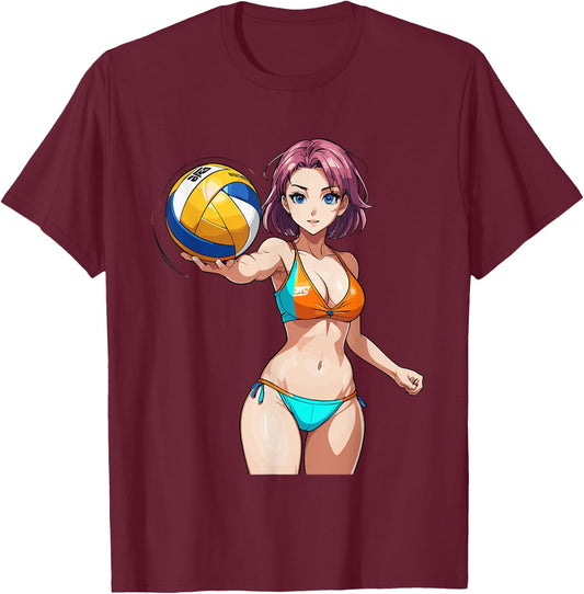 Sexy Fitness Anime Volleyball Girl in Sport Outfit T-Shirt - T-Shirt | Maroon