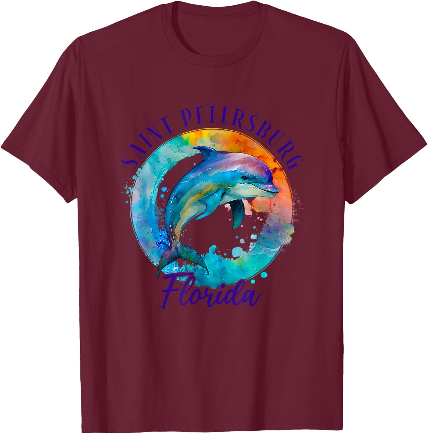 Saint Petersburg Florida Happy Watercolor Dolphin T-Shirt - T-Shirt | Maroon