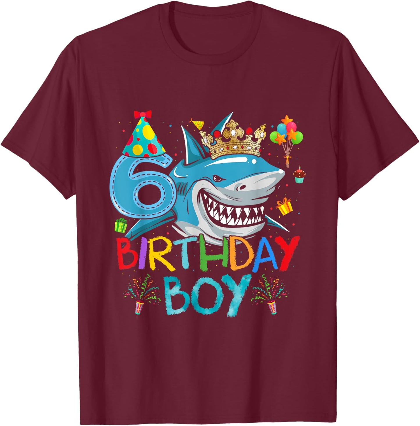 6th Birthday Shark Ocean Theme Party 6 Years Old For Boy T-Shirt - T-Shirt | Maroon