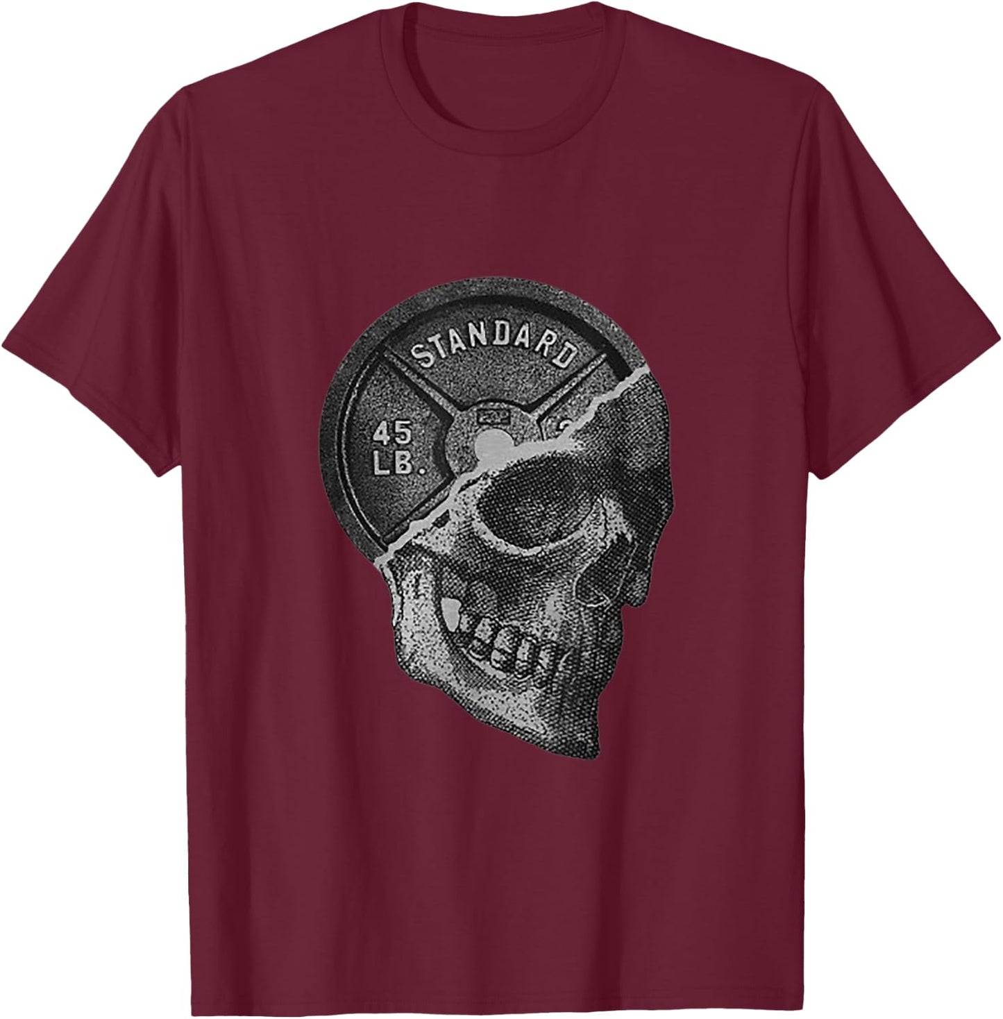 Skull & 45 lbs Plate Weight Lifting Graphic Gym Working Out T-Shirt - T-Shirt | Maroon