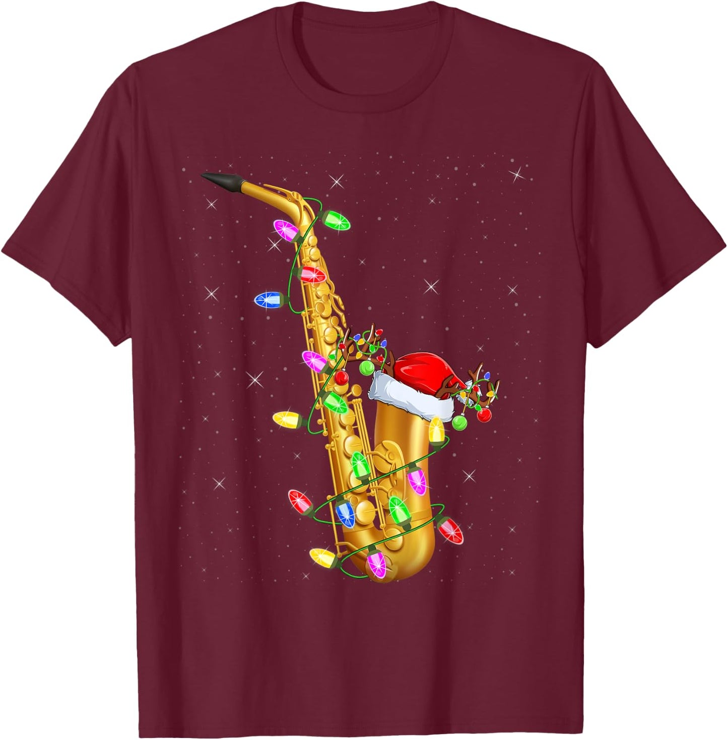 Saxophone Music Lover Xmas Lights Santa Saxophone Christmas T-Shirt - T-Shirt | Maroon