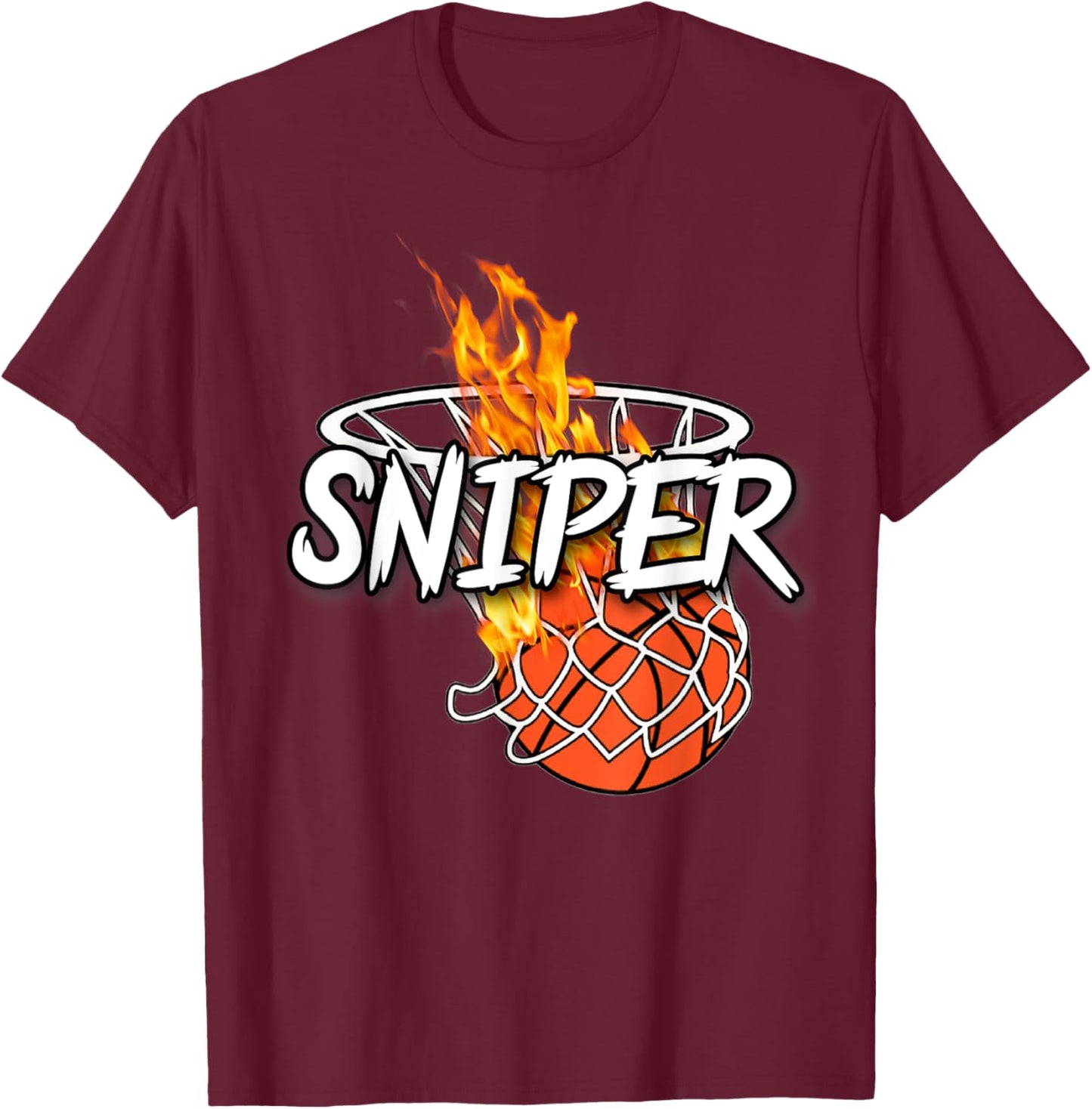 Basketball Sniper - Hit From Anywhere - Fire Basketball T-Shirt - T-Shirt | Maroon