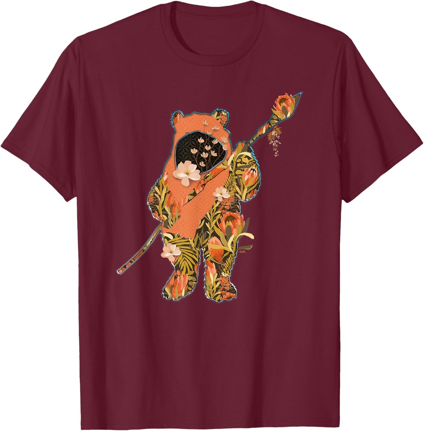 Star Wars Wicket Ewok Endor Floral Garden Reimagined T-Shirt - T-Shirt | Maroon