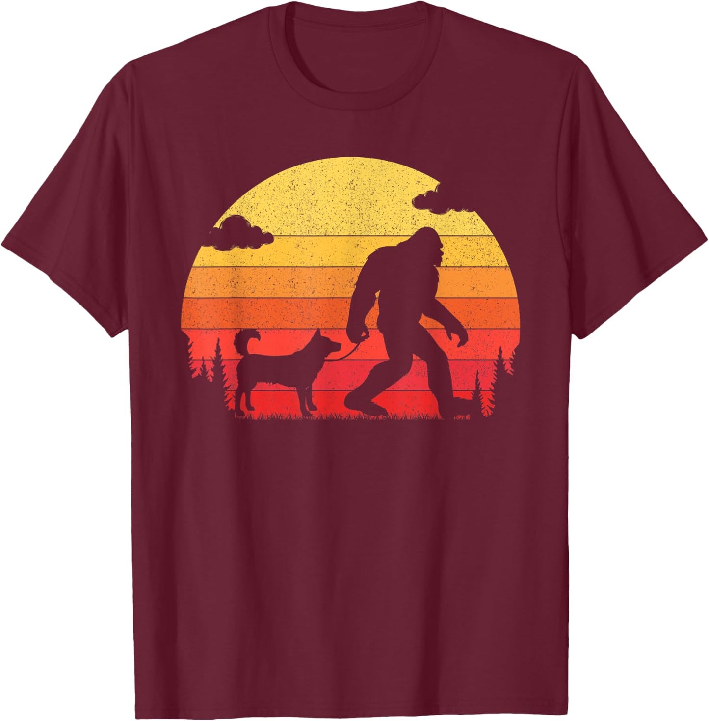 Retro Bigfoot Silhouette Walking Siberian Husky Dog Women Kids T-Shirt - T-Shirt | Maroon
