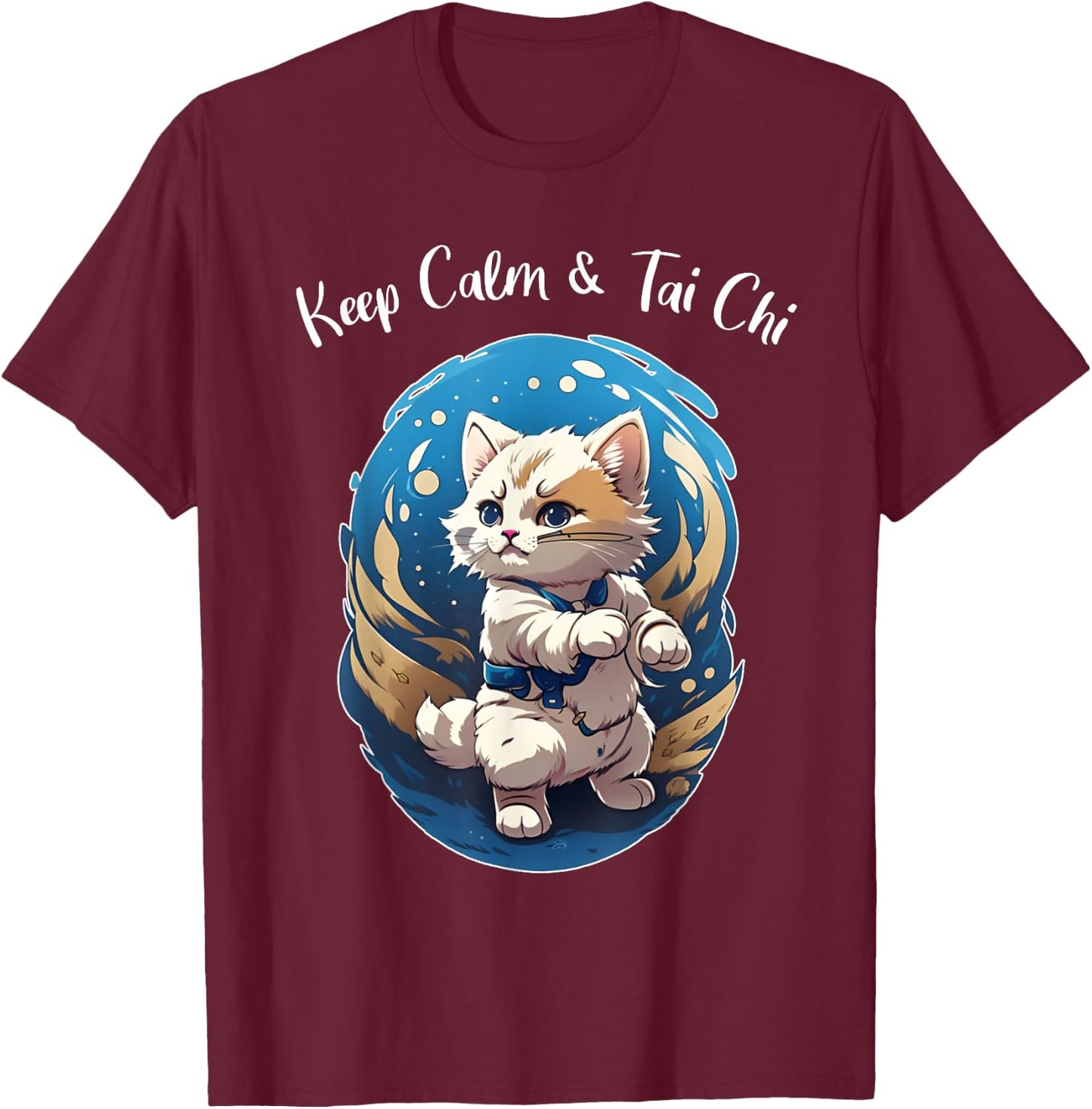 Tai Chi Cat, Keep Calm, funny Kitten, Ying Yang Balance T-Shirt - T-Shirt | Maroon
