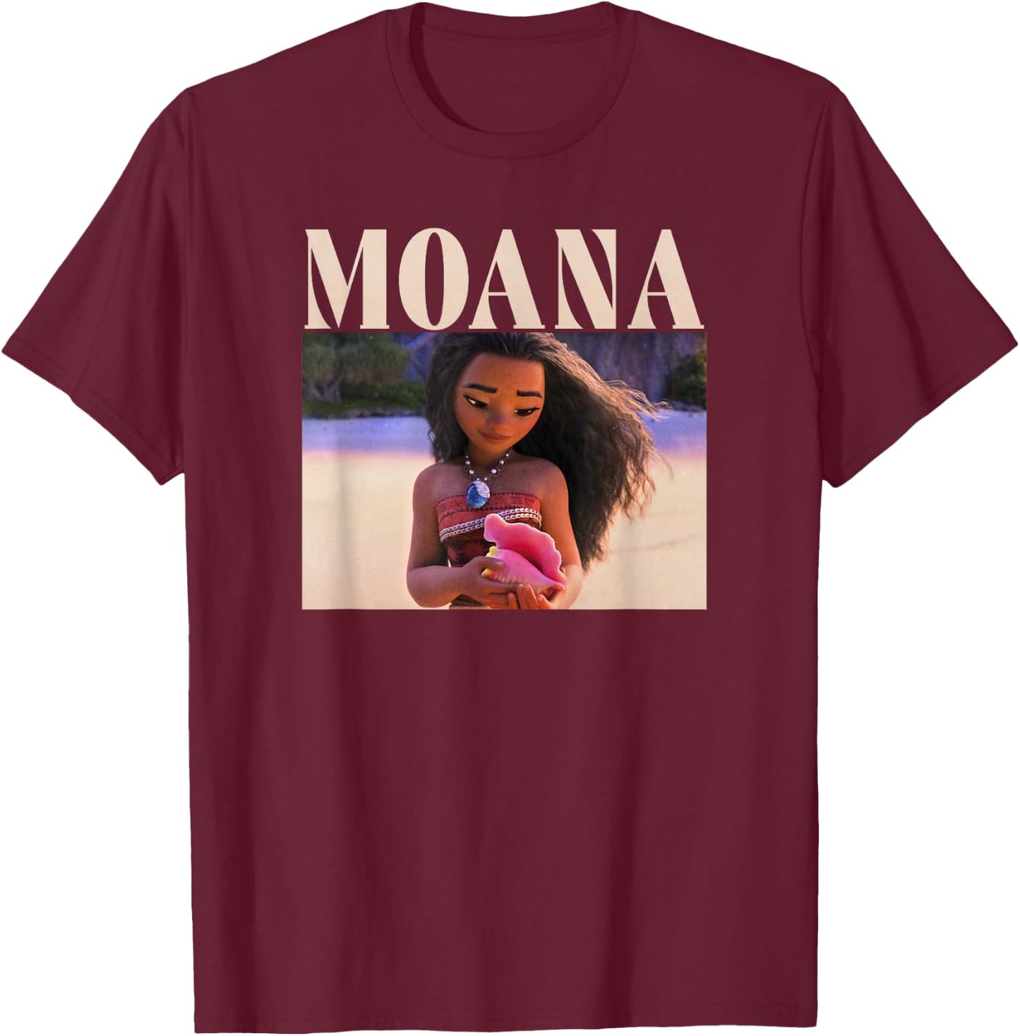 Disney Princess Moana Holding Seashell Vintage Portrait T-Shirt - T-Shirt | Maroon