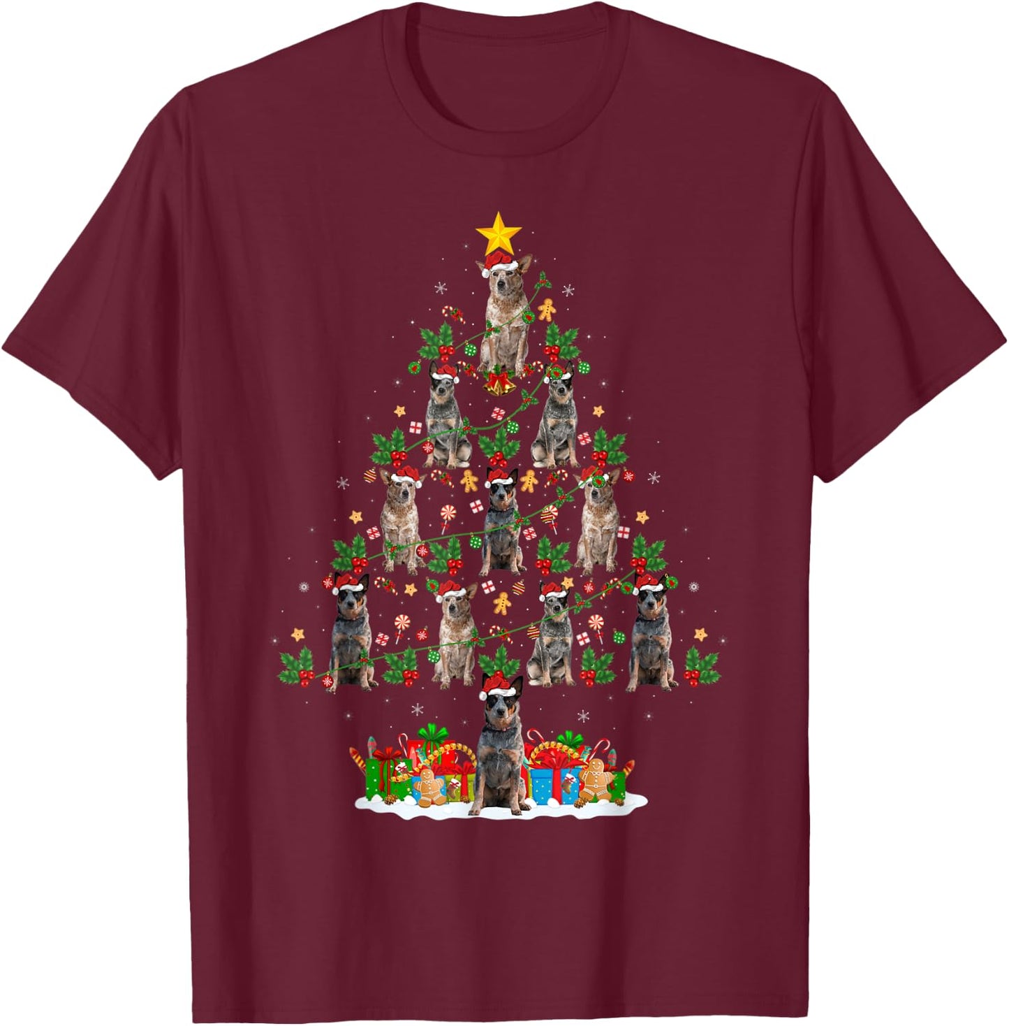 Xmas Lights Santa Australian Cattle Dog Christmas Tree T-Shirt - T-Shirt | Maroon