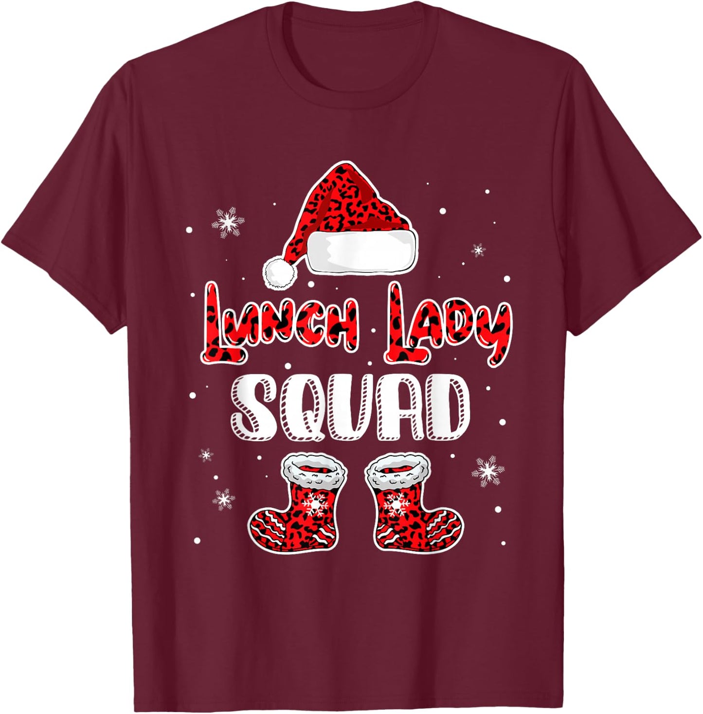 Lunch Lady Squad Leopard Santa's Hat Christmas Lunch Lady T-Shirt - T-Shirt | Maroon