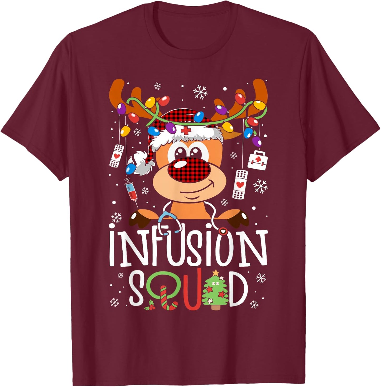 Reindeer Christmas Infusion Nurse Squad Stethoscope Nurse T-Shirt - T-Shirt | Maroon