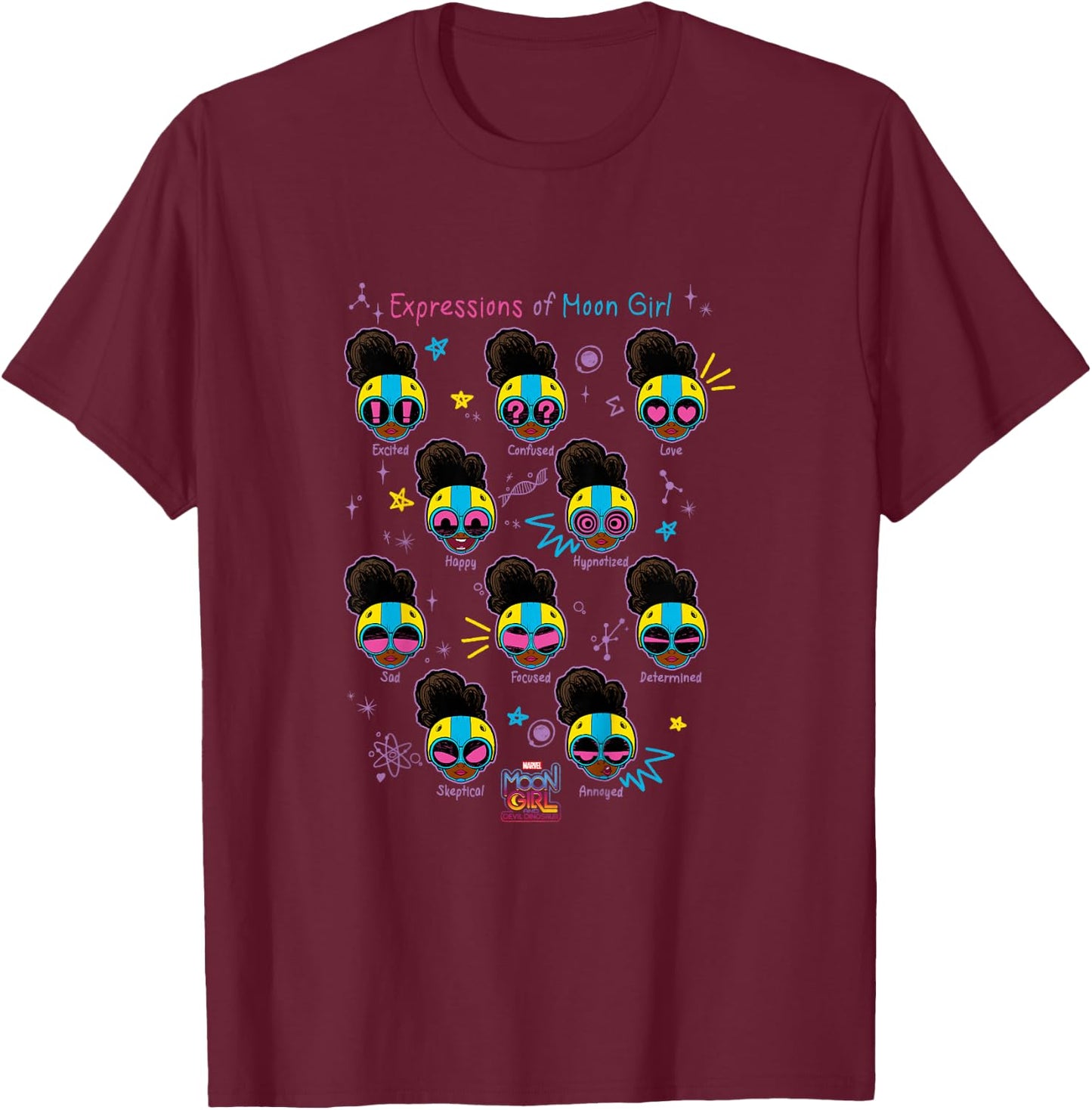Marvel Moon Girl And Devil Dinosaur Expressions Collage T-Shirt - T-Shirt | Maroon