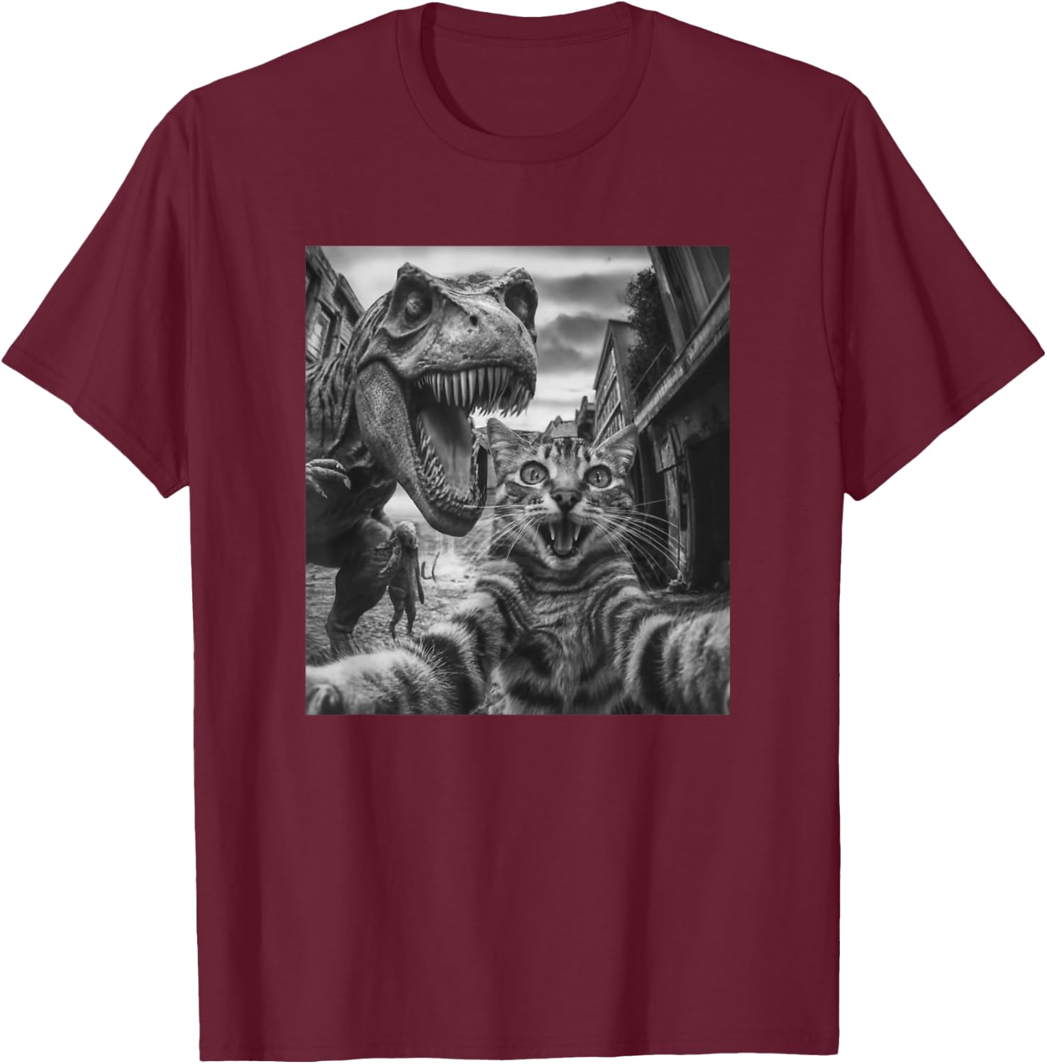 Cat T Rex Dinosaur Selfie Funny Retro Classic Photo T-Shirt - T-Shirt | Maroon