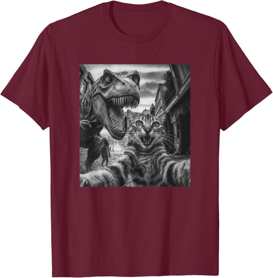Cat T Rex Dinosaur Selfie Funny Retro Classic Photo T-Shirt - T-Shirt | Maroon
