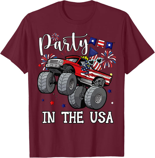 Party In USA Boy Toddler Monster Truck American Flag Patriot T-Shirt - T-Shirt | Maroon