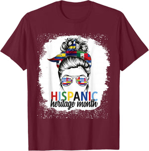 Hispanic Heritage Month All Countries Flags Women Messy Bun T-Shirt - T-Shirt | Maroon