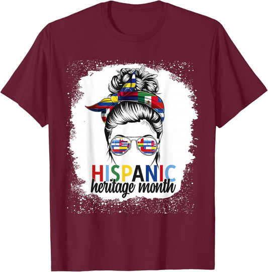 Hispanic Heritage Month All Countries Flags Women Messy Bun T-Shirt - T-Shirt | Maroon