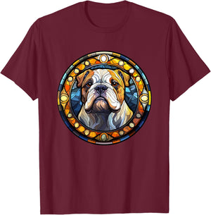 Bulldog Stained Glass Leadlight Artistic Design T-Shirt - T-Shirt | Maroon